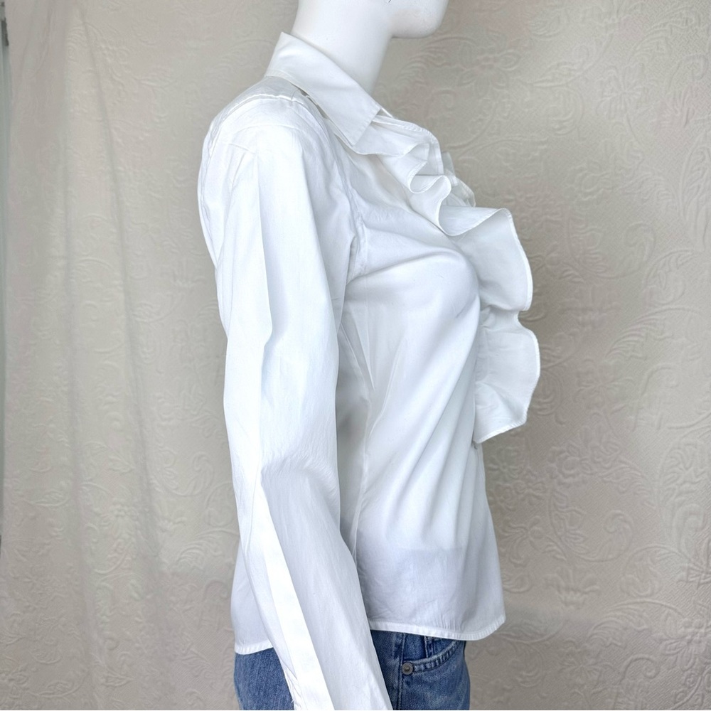 Lauren Ralph Lauren White Cotton Ruffle Front Button Down Shirt - Picture 8 of 16